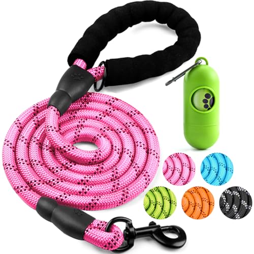 Dog Leash 6 FT Heavy Duty - Comfortable Padded Handle - 1/2 inch Reflective Dog Leash for Medium Large Dogs with Poo Bag Dispenser - color: 1 Pack C-Pink, size: 1/2"x 6 FT (18~120 lbs.)