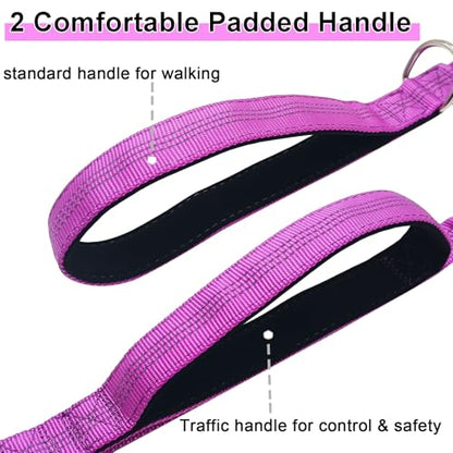 5FT Bungee Dog Leash with 2 Handles, Reflective Strong Nylon Traffic Leash with Shock Absorbing for Large Medium Dogs Walking Training Controlling, Purple - color: Purple