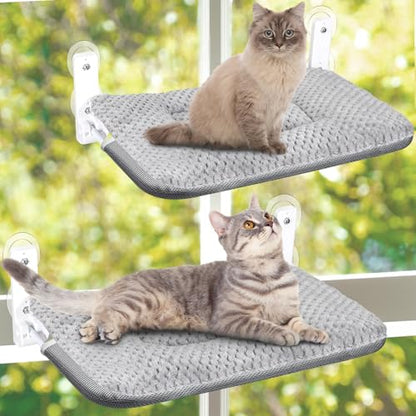 Beeveer 2 Pcs Cat Window Perch Hammock with 2 Pcs Blanket Cushion Cover and 8 Strong Suction Cups, Sturdy Metal Frame, Window Bed for Large Cats, 12 x 20.5 Inch