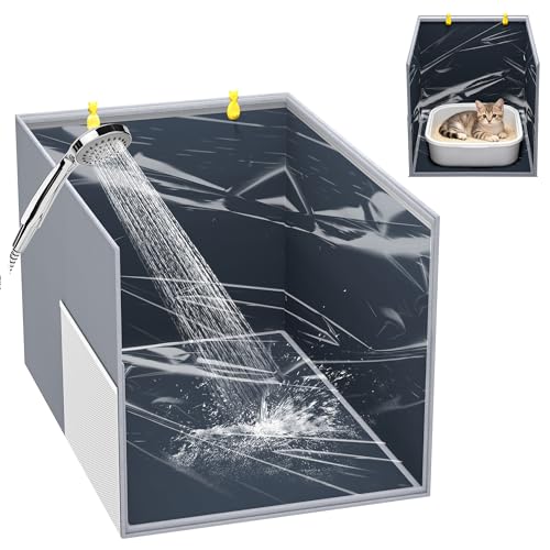 Aokeyee Cat Litter Box Enclosure Splash Guard, High Side All-Inclusive Waterproof, Gray Foldable Pet Litter Box Shield with 2 Hooks, Anti-Leakage, Dust Control, Easy to Clean - color: Gray-High