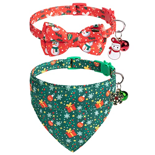 EXPAWLORER Christmas Cat Collar Breakaway with Removable Bowtie and Bandana, Adjustable Holiday Cute Kitten Collar with Bell, Ideal Festival Xmas Decoration Gift for Girl Boy Cats Puppies, 2 Pack - color: Christmas