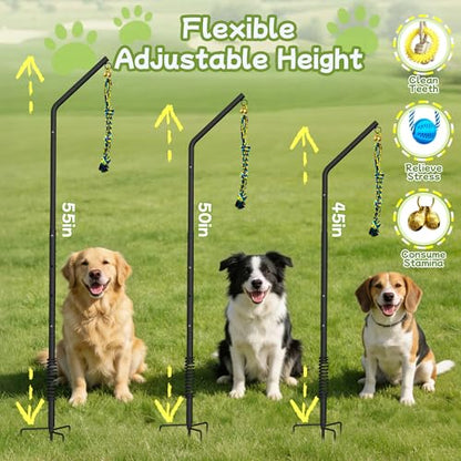 Tether Outdoor Dog Rope Toy with Adjustable Height Spring Pole, 3 Kinds Dog Tug of War Toys for Self Play and Interactive in Park, Yard, Lawn Rope, Suitable for Energetic Dog(45″)
