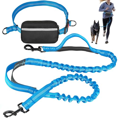 Hands Free Dog Leash with Waist Belt – No-Pull Bungee, Dual Padded Handles & Zipper Pouch for Running, Walking & Training – Adjustable Waist Leash for Large & Medium Dogs (Sky Blue) - color: Sky Blue