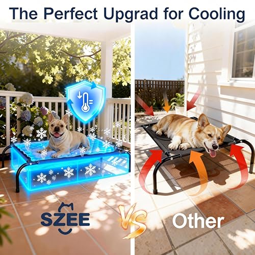 SZEE Raised Dog Bed with Detachable 2-Sided Cooling/Warming Waterproof Mat, Elevated Dog Cot Bed for Small Sized Breeds with Durable Steel Frame & Sturdy Teslin Mesh, Outdoor & Indoor All-Season Use - size: Small