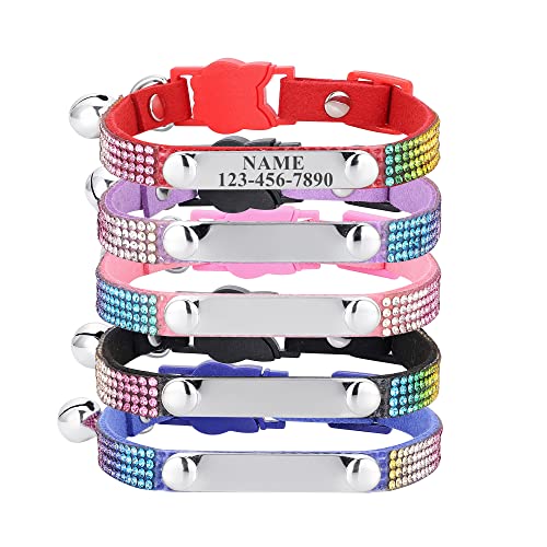 Personalized Cat Collar Breakaway Diamond Rhinestone with Bell, Customized Bling Kitten Pet Collar Adjustable with Engraved ID Name Plate (Red) - color: Red