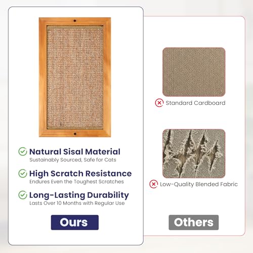 Wooden Sisal Cats Wall Scratcher, Floor or Wall Mounted Cat Scratching Mat, Durable Cat Scratch Pads for Indoor Cats, Framed Sisal Scratch Pad Mat, Wall Cat Scratching Post for Furniture Protector - size: Large