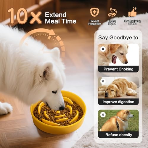 8.25'' Ceramic Slow Feeder Dog Bowls - Petal Shape Modern Dog Food Dish for Medium and Large Breeds, Puzzle Maze Bowl to Slow Down Eating, Anti-Gulping, Dishwasher & Microwave Safe, Yellow - color: Yellow, size: 8.25 inch