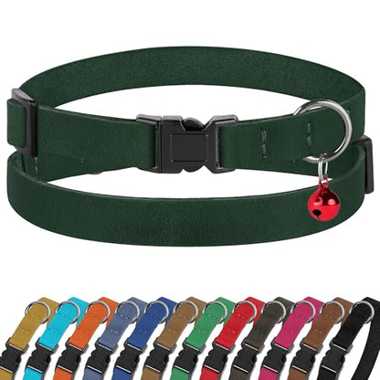 Breakaway Cat Collar Leather with Removable Bell - 13 Colors Available - Soft Adjustable Girl Boy Safety Lightweight Pet Kitten Collars Pink Brown Blue Green Red Orange Black (Emerald) - color: Emerald