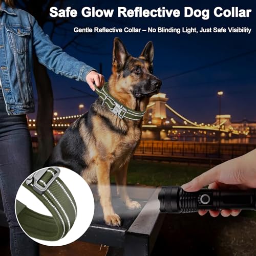 Heavy Duty Tactical Dog Collar and Leash Set, Military Training Nylon Reflective Collar with Handle Metal Buckle for Medium Large Dogs, Green, L (1 Patch Included) - color: Reflective Collar Green Set, size: L