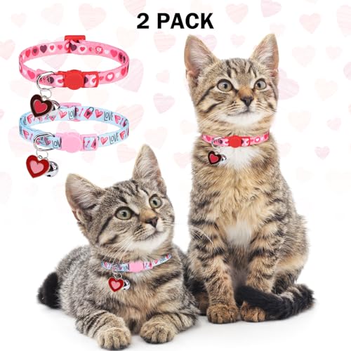 Breakaway Cat Collars for Girl Boy Cats, Fall Winter All Weather Cat Collar Personalized Pattern 2 Pack,Cute Classic Safety Buckles and Bells,Adjustable Printed Nylon Colorful Kitten Collar - color: Love