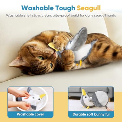 Petbobi Flapping Bird Cat Toys - Interactive Cat Toy with Flapping Wings(No-Flying) and Chirp Tweet, Rechargeable Motion-Activated Catnip Seagull Toys for All Breeds Kittens - color: Grey
