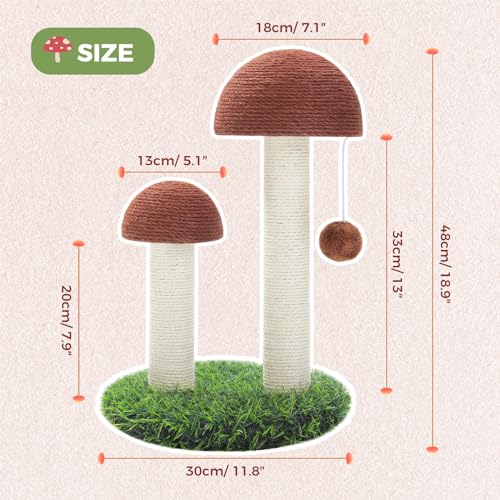 PETEPELA Cat Scratching Post, Mushroom Tall Cat Scratcher Featuring with Natural Sisal Scratching Poles and Interactive Toy Ball for Kittens and Small Cats (Brown) - color: Mushroom Brown, size: 18.9"