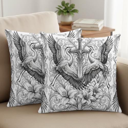 Throw Pillow Covers Set of 2 Sword Lily Flowers Decor Pillow Covers with Zipper Floral Sword Goth Vintage Pillowcase Cushion Cover for Sofa Couch Bed Home 18x18 Inch - color: Black, White, Silver, size: 18" x 18" (Pack of 2)