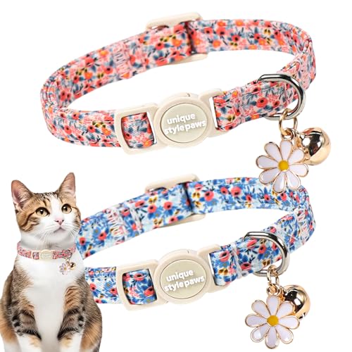 Unique style paws 2 Pack Valentine Kitten Collar Breakaway with Bell&Pendant, Adjustable Safety Spring Summer Blue Pink Flower Cotton Collar for Girl Boy Cat and Small Pet - color: blue pink flower