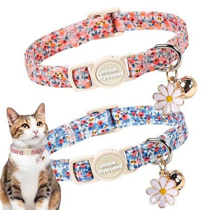 Unique style paws 2 Pack Valentine Kitten Collar Breakaway with Bell&Pendant, Adjustable Safety Spring Summer Blue Pink Flower Cotton Collar for Girl Boy Cat and Small Pet - color: blue pink flower