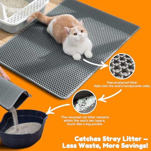 Waterproof Cat Litter Mat - New 24x16 Inch Honeycomb Double Layer Traps Litter, Waterproof & Non-Slip Floor Protector, Easy Clean, Odor-Free, Dark Gray - color: Dark Grey