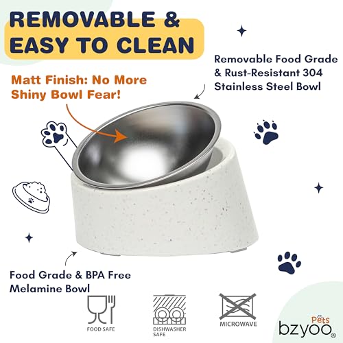 bzyoo 16oz Tilted Dog Bowl for Small Dogs & Cats, 15° Elevated Stainless Steel Pet Feeder, Ergonomic Anti-Vomiting Food Bowl for Frenchie, Pug, Persian Cat, Non-Skid Melamine Stand, Sprinkle (White) - color: White