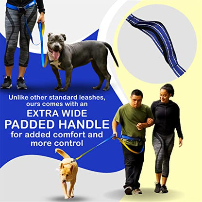 Hands-Free Leash for Small to Large Dogs 5ft - Heavy Duty Adjustable Waist Belt, Padded Handles, Reflective Stitching, Satin Carry Bag for Walking, Running, Hiking - color: Blue/Yellow