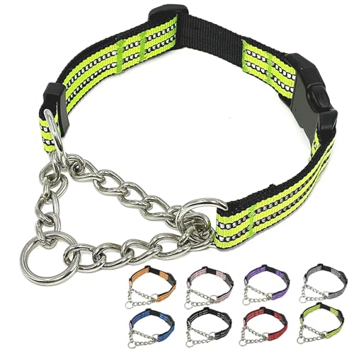 Martingale Dog Collars, Reflective Nylon Collar with Stainless Steel Chain, Adjustable Walking Training Dog Collars with Quick Release Buckle, Suitable for Small Medium Large Dogs(Green,XL) - color: Green, size: Extra Large-(dog's neck 20~25.5inches)