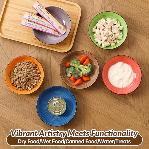 Colorful Ceramic Cat Bowls Set, 6 Pack Whisker-Friendly Cat Dishes for Food and Water, 5.7" Wide and Shallow Plates for Dry Wet Food, Ideal for Multi-Pet Homes, Microwave & Dishwasher Safe