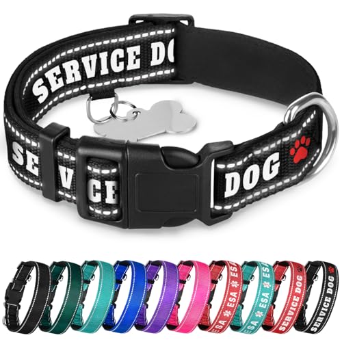 TECEUM Reflective Pet Collar – Black - Service Dog – M – Extra Soft Padding – Basic Nylon Dog Collar – Quick Release Buckle – Fits Small, Medium and Large Dogs, Puppies, Cats - color: Black - Service Dog, size: Medium