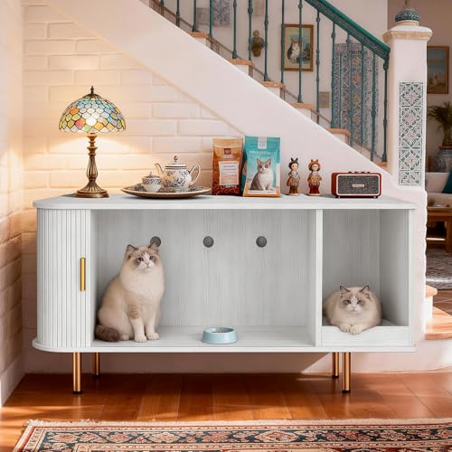 Cat Litter Box Enclosure with Scratch Pad, Sliding Door, 38.5" Cat Litter Furniture Hidden Litter Box Cabinet, Modern Indoor Cat House, TV Stand, Side End Table for Living Room (White) - color: White