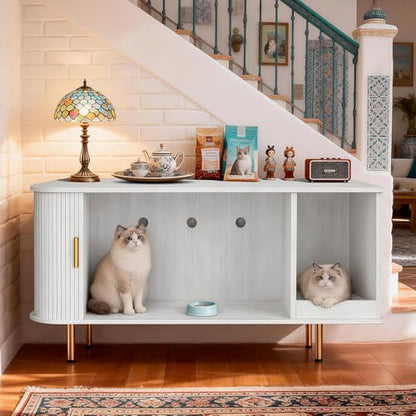 Cat Litter Box Enclosure with Scratch Pad, Sliding Door, 38.5" Cat Litter Furniture Hidden Litter Box Cabinet, Modern Indoor Cat House, TV Stand, Side End Table for Living Room (White) - color: White