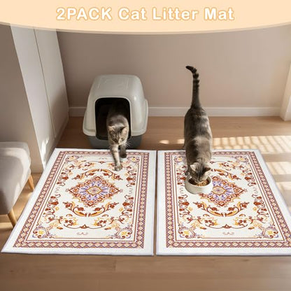 Washable Cat Litter Mat 48"x36" 2Pack with Non-Slip Bottom Waterproof Litter Box Mat Easy to Clean Litter Trapping Mat for Kitty - color: Brown&White, size: 48"x36"-2 Pack