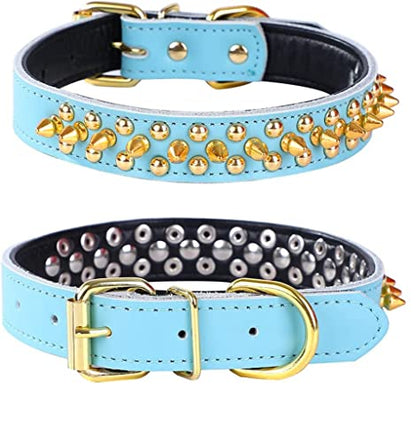 Spiked Studded Dog Collar, Soft Genuine Leather Dog Collar, Adjustable Dog Collars for Small Medium Large Dogs Breeds Pit Bull (S fit Neck 10.5-13", Light Blue) - color: Light Blue, size: S fit Neck 10.5-13"