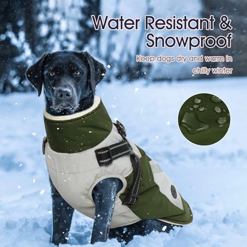 IECOii Dog Coat with Harness Built in - Green, Large - Waterproof Winter Coat, Fleece Lined Snow Jacket for Dogs - color: Army Green, size: Large(Chest:24.4 in)