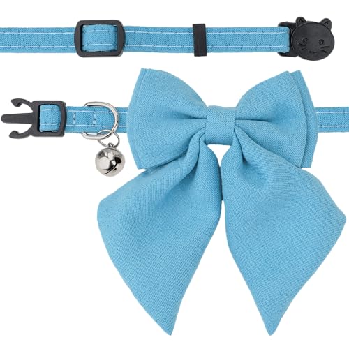 Cat Collar with Bow Tie Bell Breakaway Kitten Small Pet Safety Solid Wedding Basic Pure Color Suede Soft Adjustable Sailor Bow-[1pc] Blue - color: Sailor Bow-[1pc] Blue