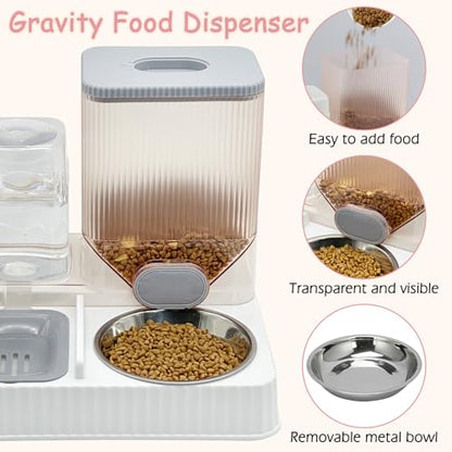 Fhiny Gravity Cat Feeder & Water Dispenser, 2 in 1 Automatic Puppy Waterer Removable Stainless Steel Food Bowls Set Self Feeding Pet Food Storage for Cat Kitten Puppy Easy Clean (Grey) - color: Grey-Metal Bowl