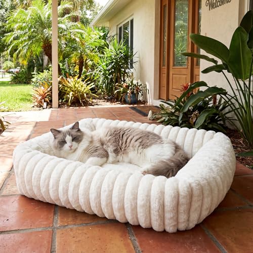 Cat Beds for Indoor Cats, Square Self Warming Cat Bed Orthopedic Pet Bed with Pillow Super Soft Rabbit Fur Small Dog Beds, Calming Plush Kitten Bed with Removable Washable Cover & Anti-Slip Bottom - size: 22*18*6 inces