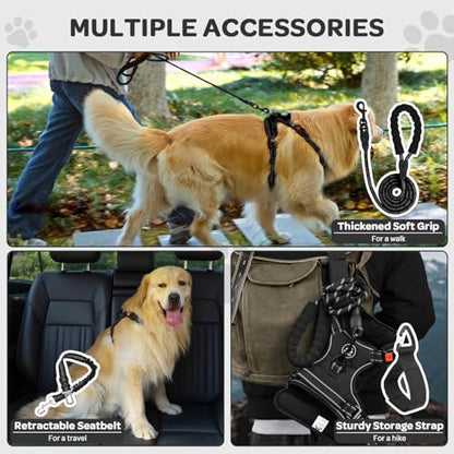 Plaid Dog Harness for Small Dogs, Reflective No Pull Adjustable Pet Vest with Front Clip, Leash, Easy Control Handle and Seat Belt, Black, S - color: Black, size: Small