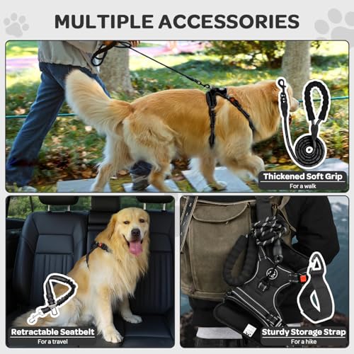 Plaid Dog Harness for Large Dogs, Reflective No Pull Adjustable Pet Vest with Front Clip, Leash, Easy Control Handle and Seat Belt, Black, L - color: Black, size: Large