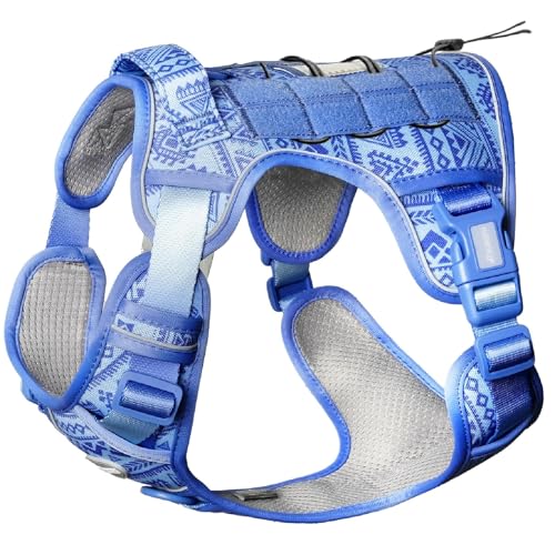 AUROTH Tactical Dog Harness for Large Dogs No Pull Adjustable Pet Harness Reflective K14 Working Training Easy Control Pet Vest Military Service Dog Harnesses - color: Tribal Patterns-Blue, size: S(Neck:14-21",Chest:20-31"),18-35 lbs