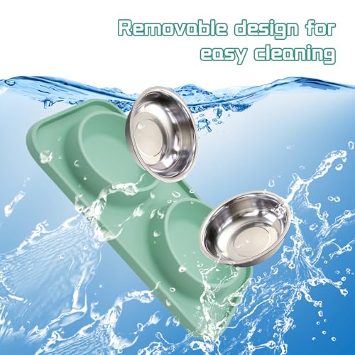 Double Dog Food Bowls Stainless Steel with No Spill Non Skid Silicone Mat Removable Dog Water and Food Bowls Set Durable Feeding for Small Dogs Puppy Cat Kitten(Blue) - color: 【Blue】