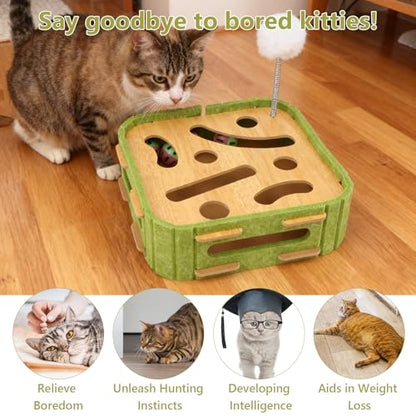 Interactive Cat Scratch Puzzle Box Wooden Enrichment Toy Intelligence Treat Kitten Maze Puzzle Toy with Jingle Balls and Wands Mental Stimulation Games for Bored Indoor Cats