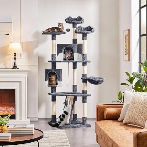 Yaheetech 79in Multi-Level Cat Trees Indoor Cat Tower with Sisal-Covered Scratching Posts, Plush Perches and Condo for Kittens, Cats and Pets - Dark Gray and White - color: Dark Gray and White