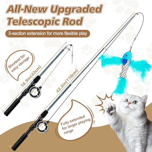 Pawaboo Cat Feather Toys, 4 Pack Interactive Cat feather Teaser Wand Toys, Retractable Fishing Pole Wand Catcher Exerciser with Refill Fish, Dragonfly Worm with Bells, Fun Cat Kitten Kitty Playing Toy - color: Bionic Brown Feather