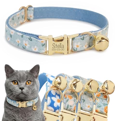 Engraved Floral Cat Collar with Removable Bow Tie - Personalized ID Tag & Safety Bell, Adaptive Polyester Design, （Non-Breakaway） - Floral Pattern Collection - color: Egg Flower, size: L