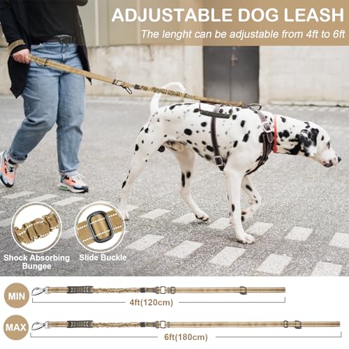 Tactical Dog Leash Heavy Duty, 4-6FT Shock Absorbing Bungee Dog Leash, Reflective Military Strong No Pull Lead with 2 Padded Handle and Car Seatbelt for Medium Large Dogs, Khaki - color: Khaki