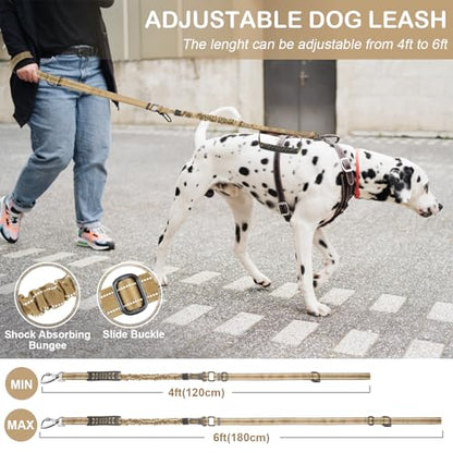 Tactical Dog Leash Heavy Duty, 4-6FT Shock Absorbing Bungee Dog Leash, Reflective Military Strong No Pull Lead with 2 Padded Handle and Car Seatbelt for Medium Large Dogs, Khaki - color: Khaki