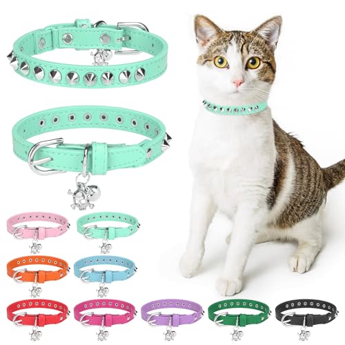 Leather Cat Collars for Boy Girl Cats with Bell and Safety Elastic Belt, Personalized Rivets Stud Adjustable Safe Buckle Collar with Skull Charm for Kitty Small Pets, Halloween Cat Collar - color: Light Green_Studded, size: 8"-12" Cats / Mini Dogs(Pack of