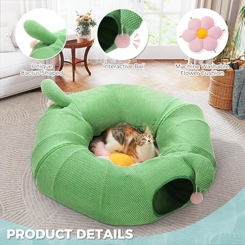 PAWZ Road Cactus Cat Donut Tunnel Collapsible Cat Tunnel Tube, Dia-38 inches with Flower Soft Mat for Indoor Cats and Rabbits
