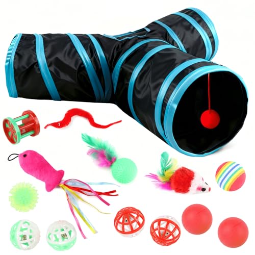 Pet Tunnel for Indoor Cats, 3-Way Collapsible Interactive Pet Tube Infused Catnip, Crawling Runway Toy for Kittens & Adult Cats, Bed Hideaway Toy for Small Pets & Animals