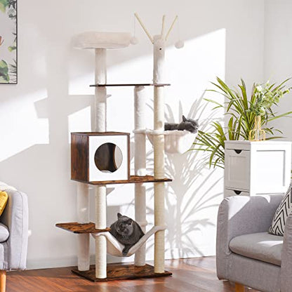 Hey-brother Wooden Cat Tree, 66.1“ Cat Furniture with Scratching Posts, Modern Cat Tower with hammocks, Toys, cat condo, Rustic Brown MPJ120SR - color: Rustic Brown