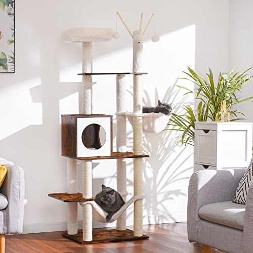 Hey-brother Wooden Cat Tree, 66.1“ Cat Furniture with Scratching Posts, Modern Cat Tower with hammocks, Toys, cat condo, Rustic Brown MPJ120SR - color: Rustic Brown