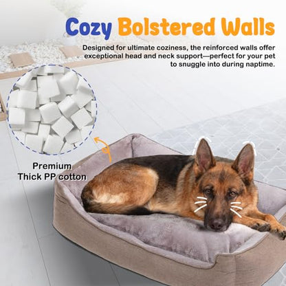 Rectangle Dog Bed for Large Size Dog with Removable Washable Cover Pet Bed with Bolster Sides Non-Slip Bottom Pet Sofa Waterproof Lining Durable Pet Cuddler, Light Brown, 35x 26x 7.5 in - color: Light Brown, size: 35"L x 26"W x 7.5"Th