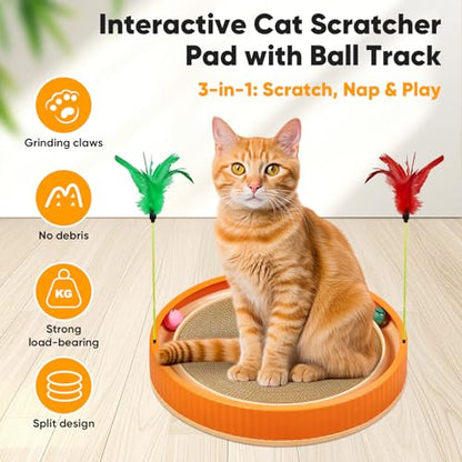 Extra-Large Round Cat Scratcher Bed with Ball Track – 3-in-1 Circular Cardboard Scratching Pad with Feather Toys – Interactive Cat Toy Round Track for Large Breeds Like Maine Coons (Orange) - color: Orange